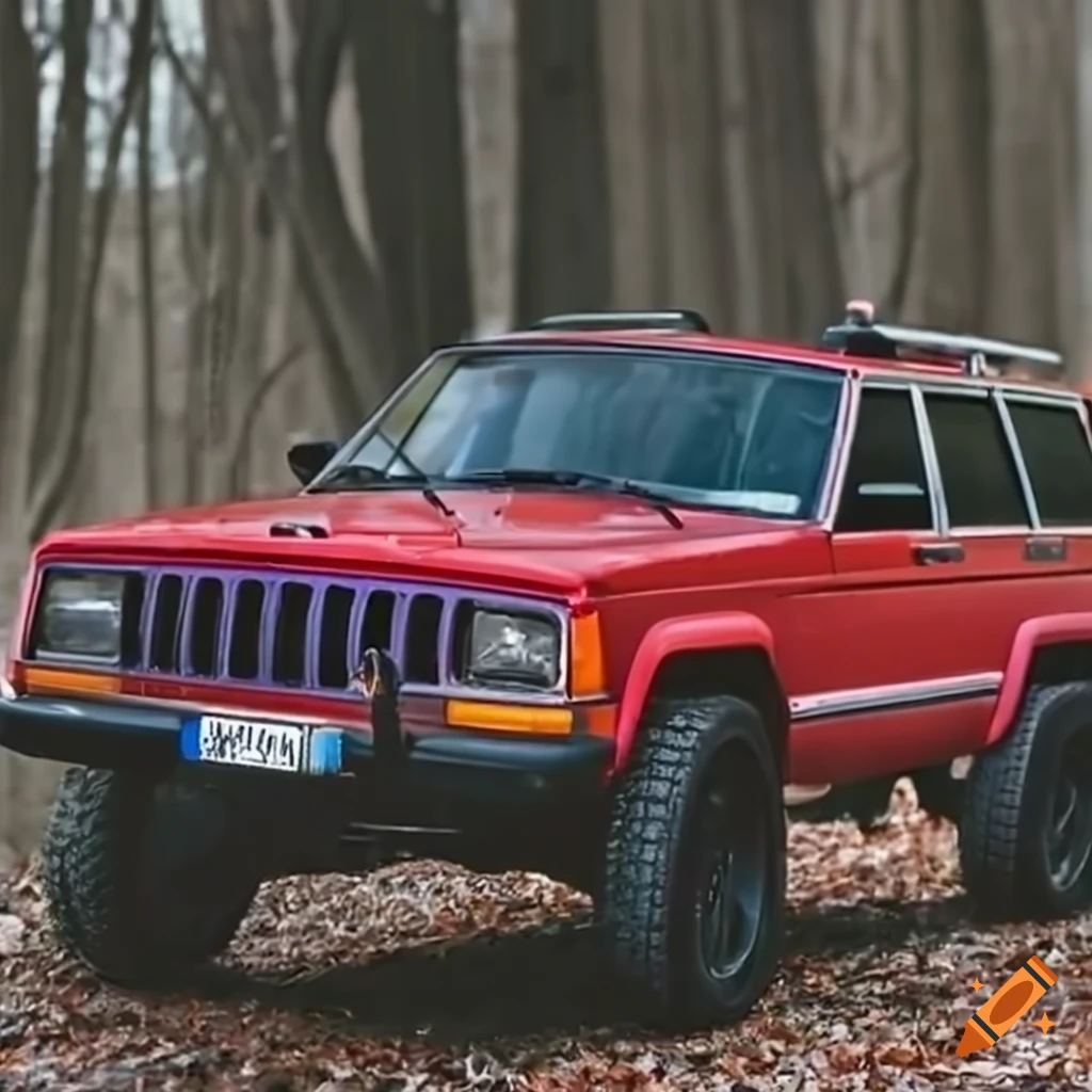 red Jeep Cherokee with squirrels driving