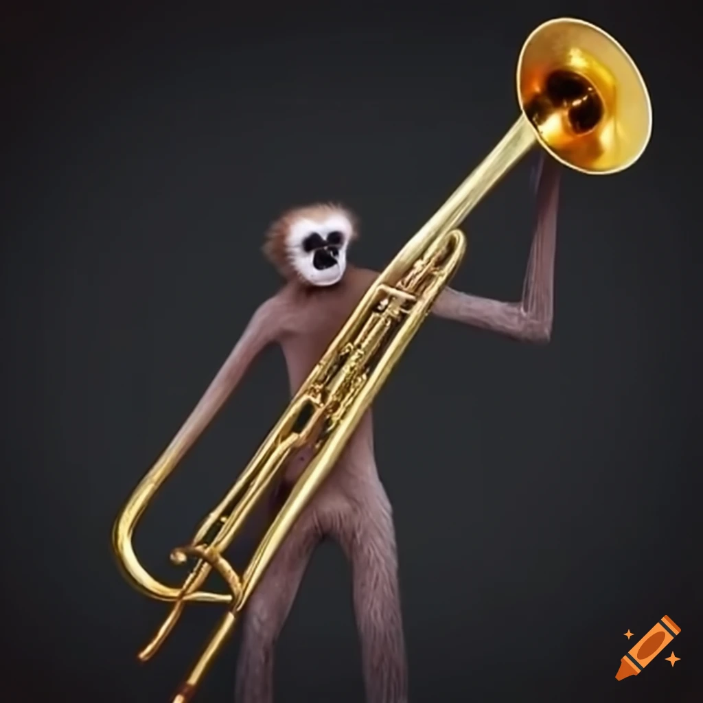 Hoolock gibbon playing a trombone