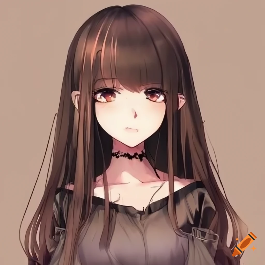 Anime a girl in a black turtleneck and dark brown hair bangs with green eyes