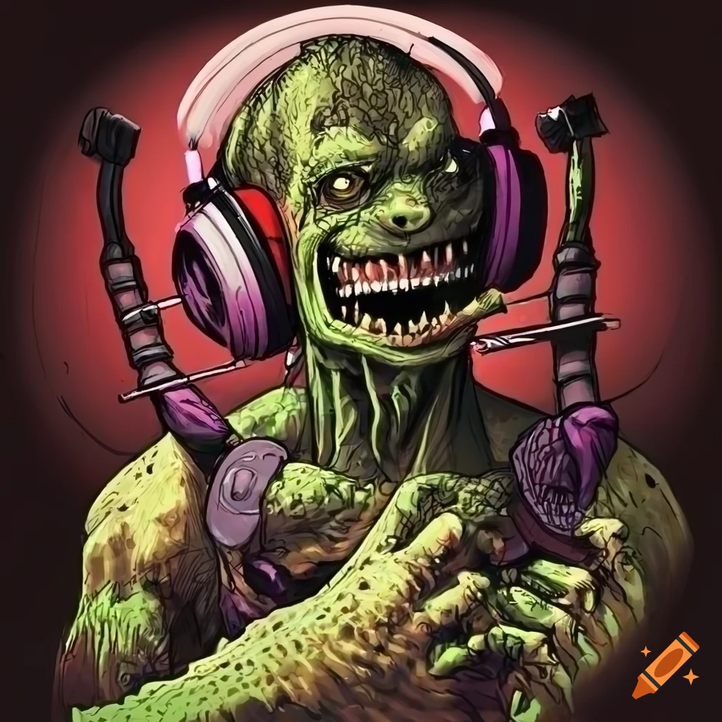 lizard DJ with headphones in Simon Bisley style