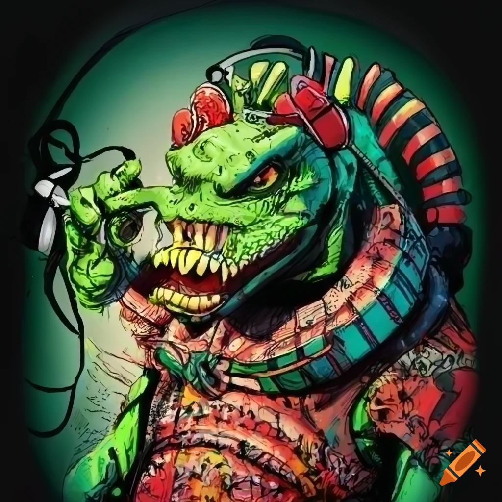 lizard DJ in Simon Bisley art style