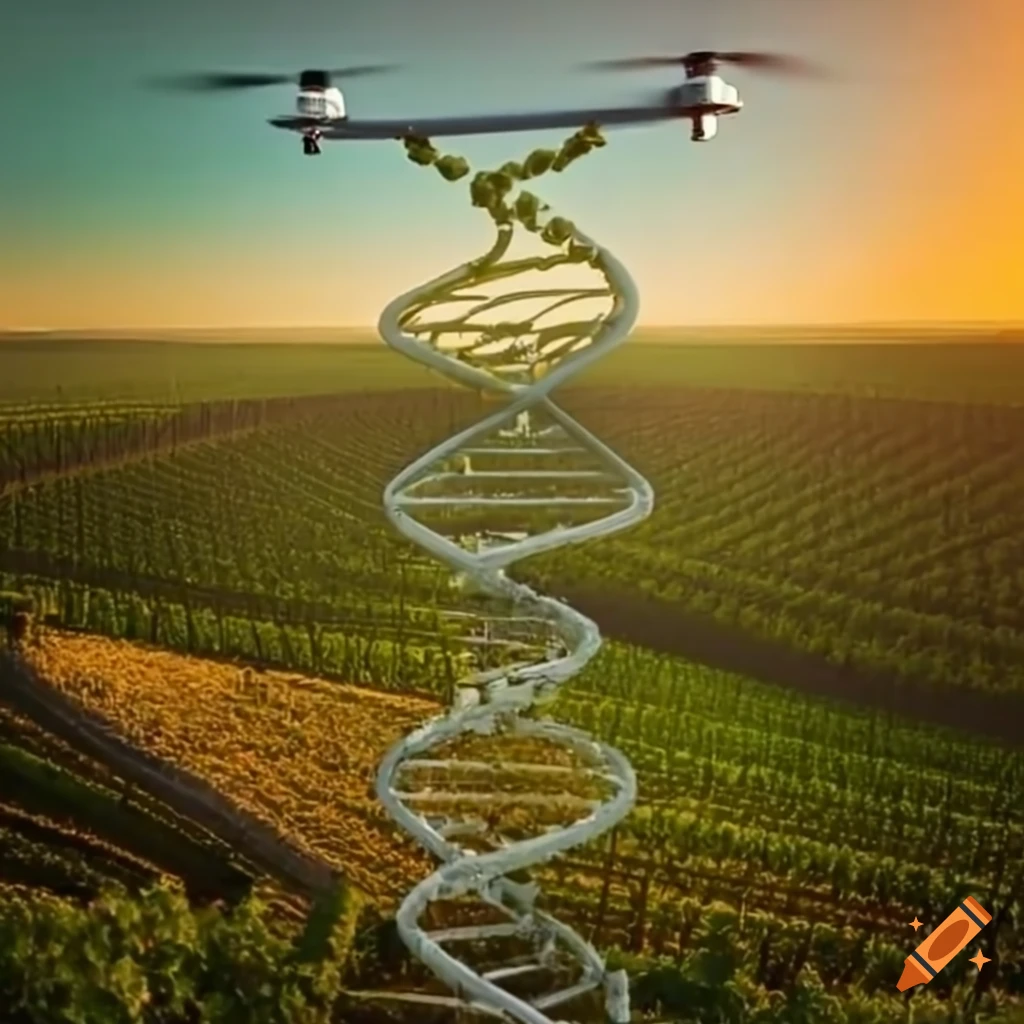 sunset view of a vineyard with a DNA helix pattern