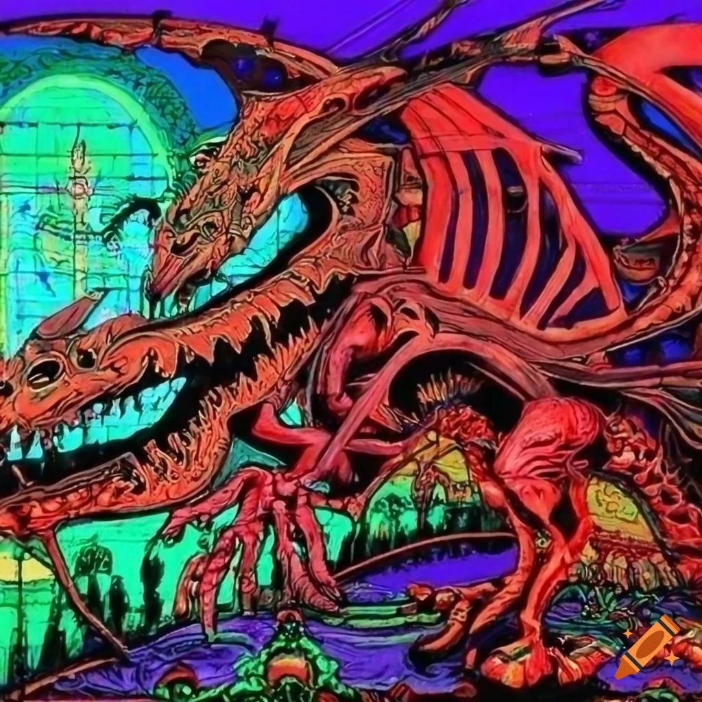Intricate heavy metal art featuring various fantasy elements