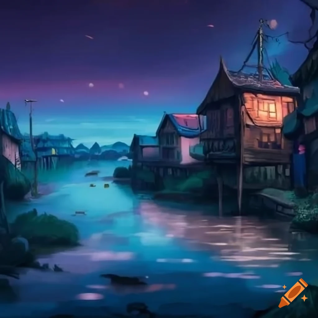 nighttime scene of a shanty village by a river