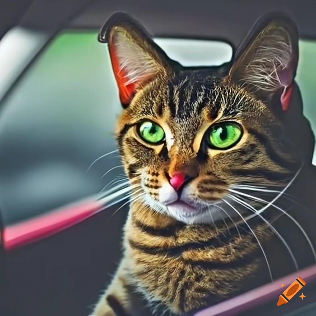 Humorous image of a cat driving a car