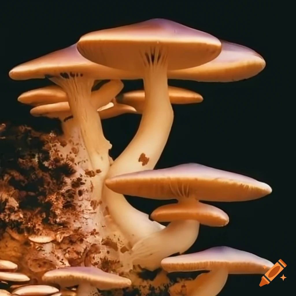 cluster of diverse mushrooms in a grand structure