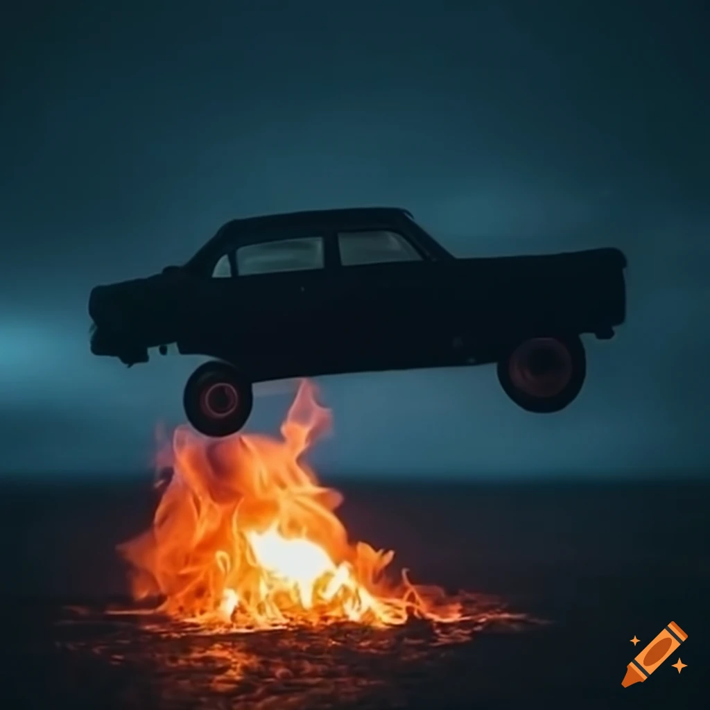 burning car in an Icelandic field