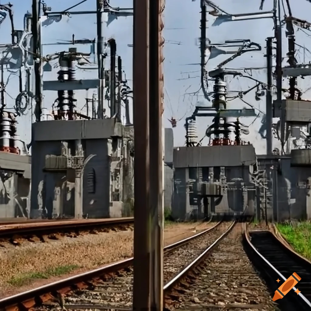 Power substation near railroad tracks on Craiyon
