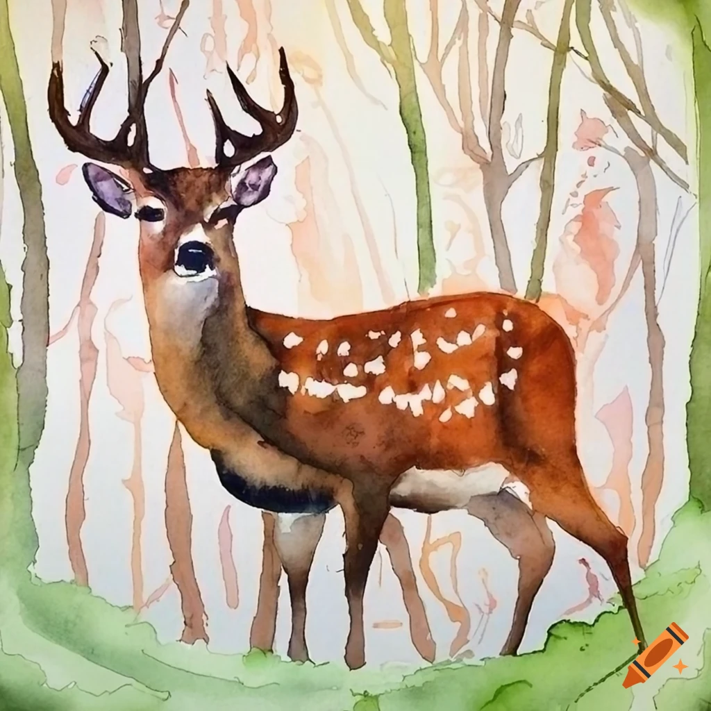 watercolor painting of forests and deer