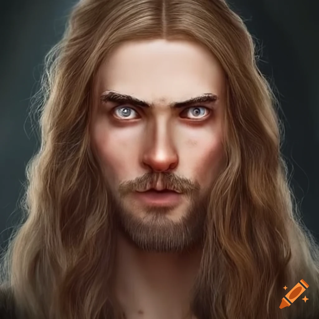 Portrait of a mature wizard with long brown hair and brown eyes