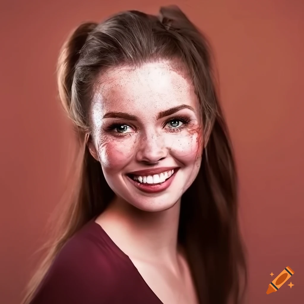 Portrait of a smiling young woman with freckles and brown hair on Craiyon