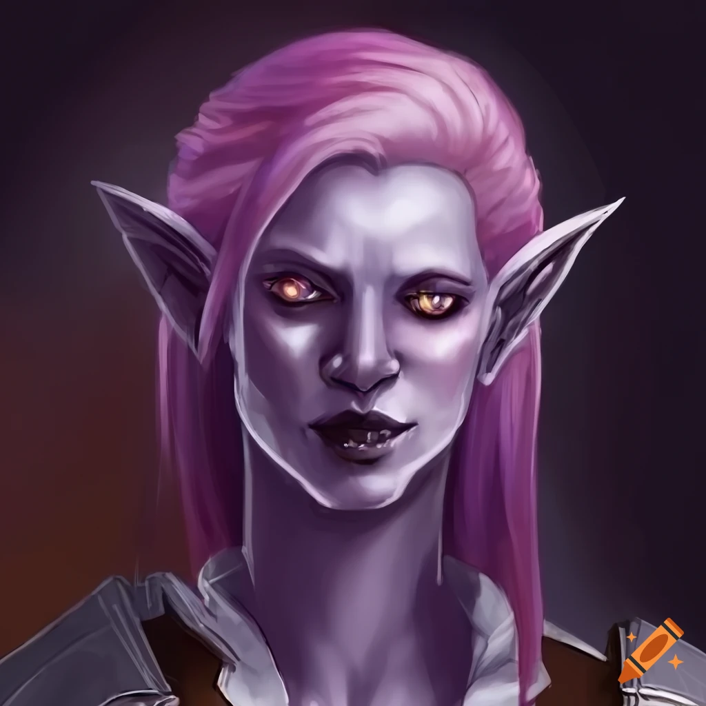 Art of an albino drow elf cleric with yellow eyes and pink hair