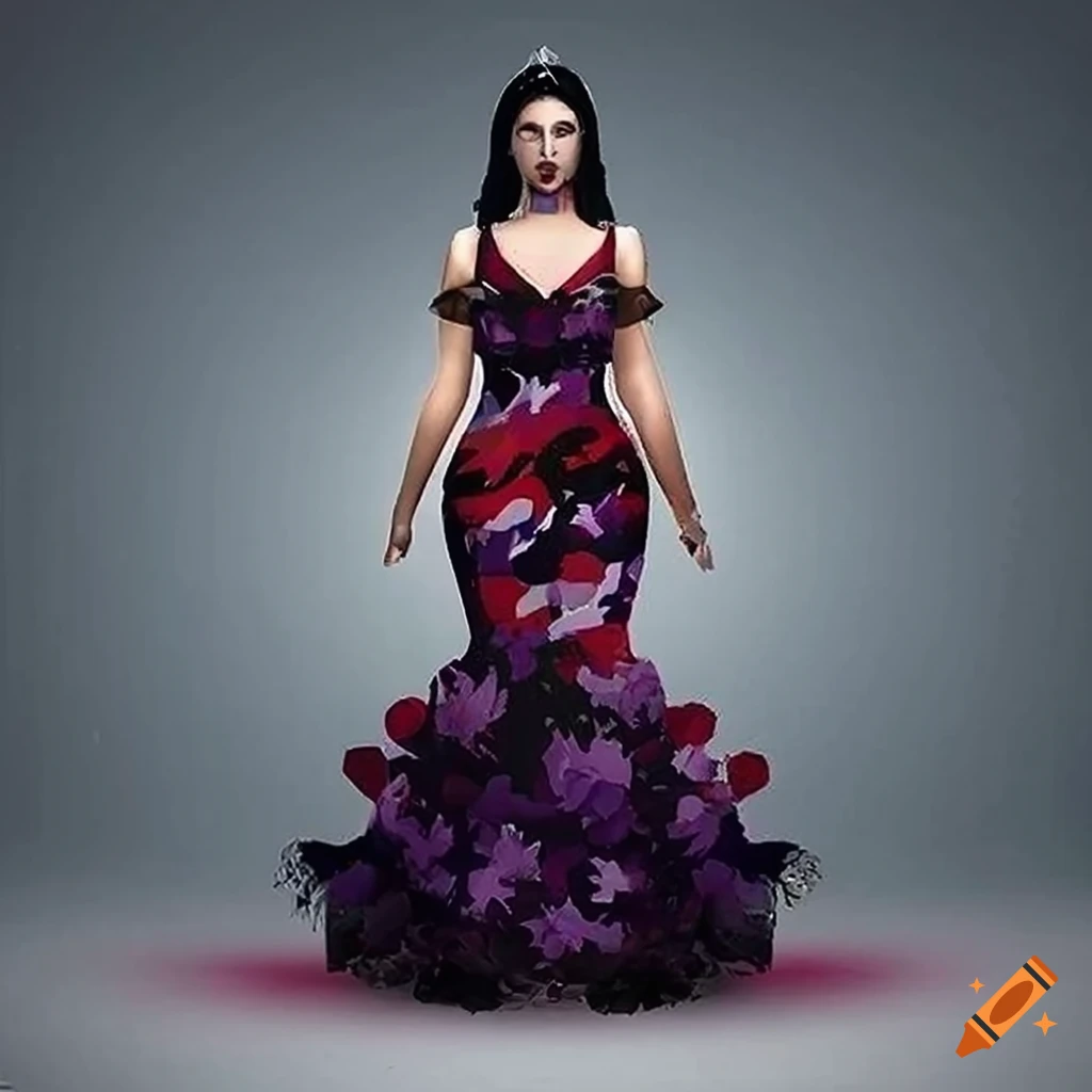 Photorealistic rendering of a red-violet and grey camo mini dress with ...