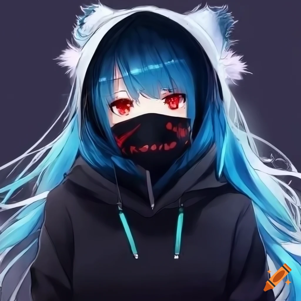Anime girl with blue hair and red eyes wearing a hoodie