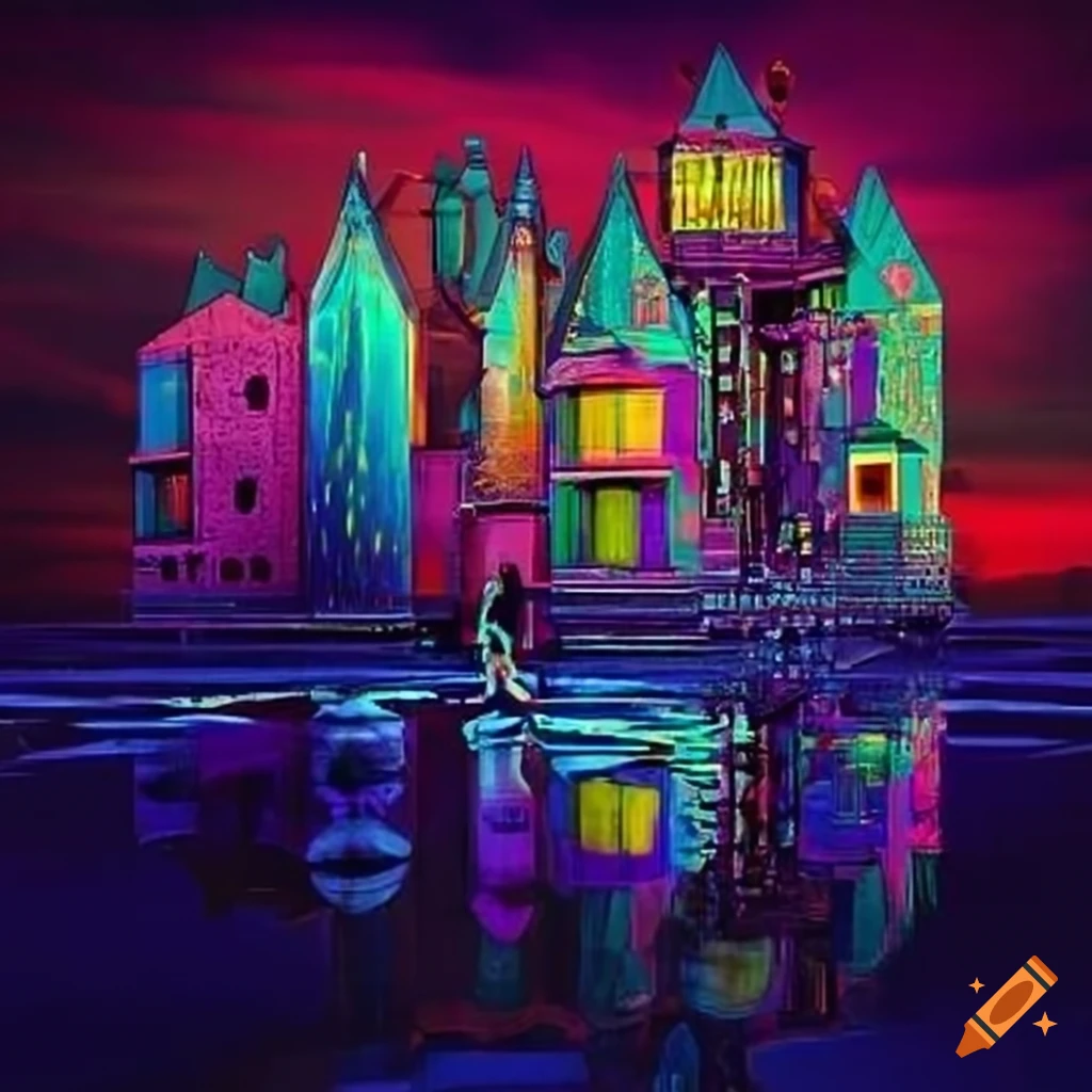 psychedelic dystopian city with Charles Moore-inspired architecture