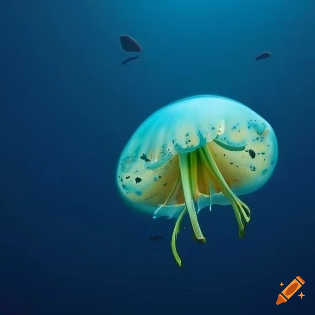 Dark blue background with a lilium sea creature underwater