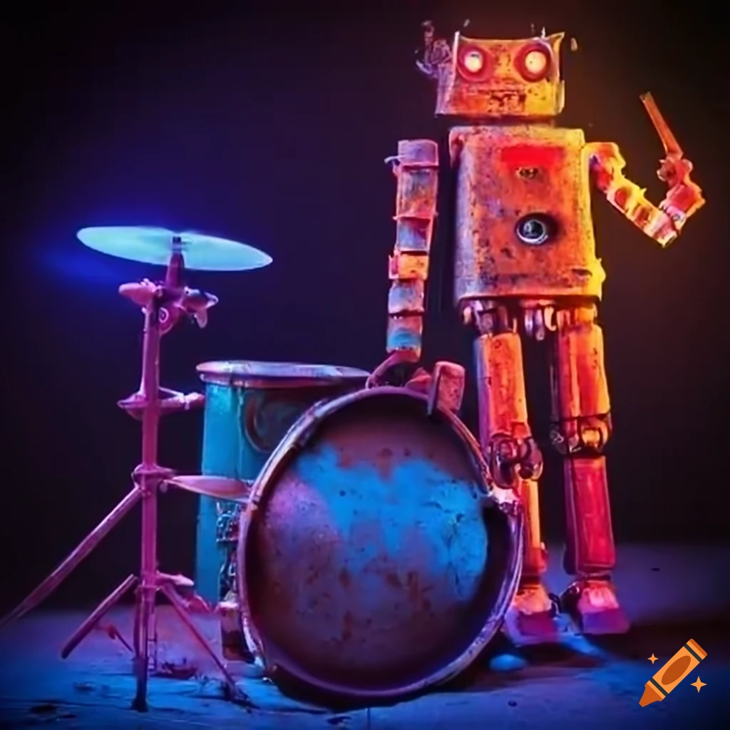 Neon rusty robot playing drums on Craiyon
