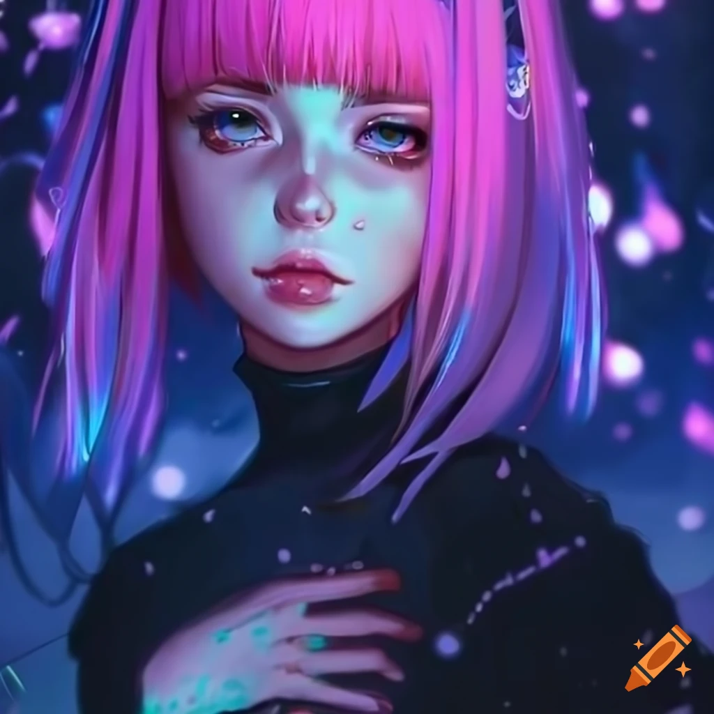 Realistic artwork of a cute cyberpunk girl with pastel hair