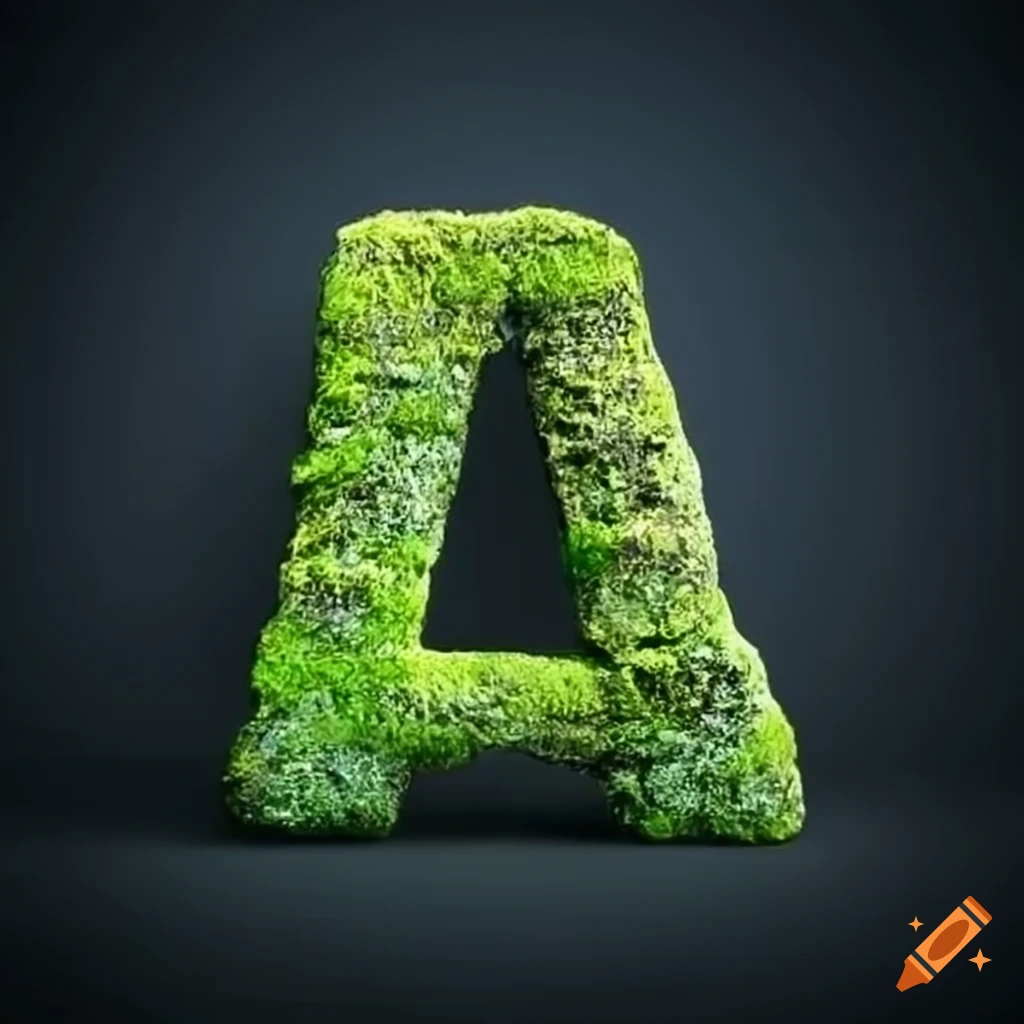Moss covered stone letter a on dark background