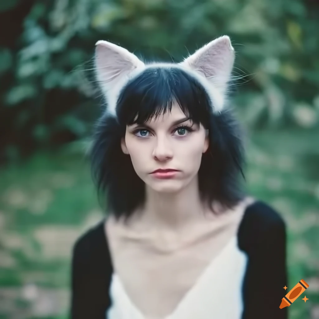 Woman wearing black cat ears and white top in her yard