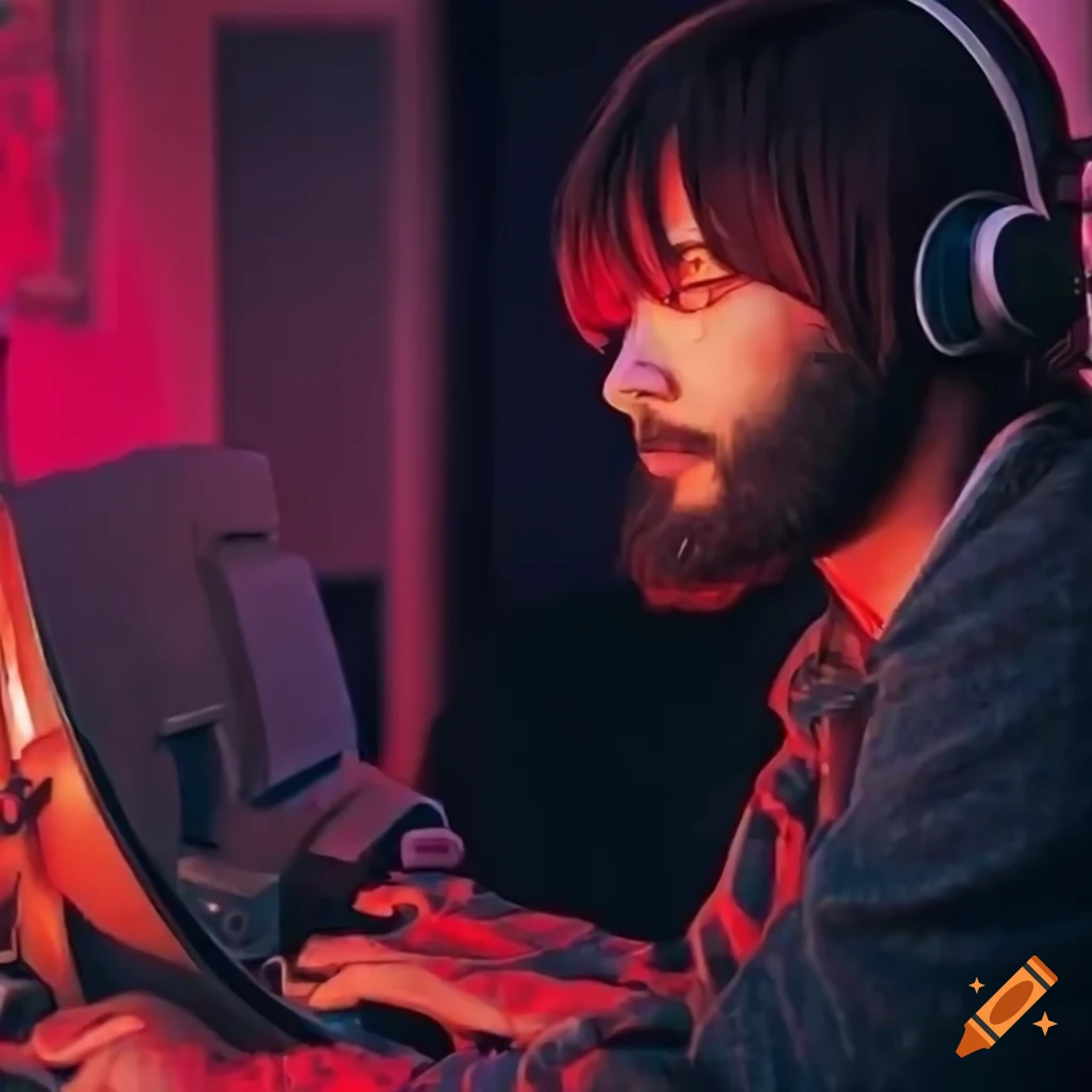 portrait of an anime gamer with headphones and flannel shirt