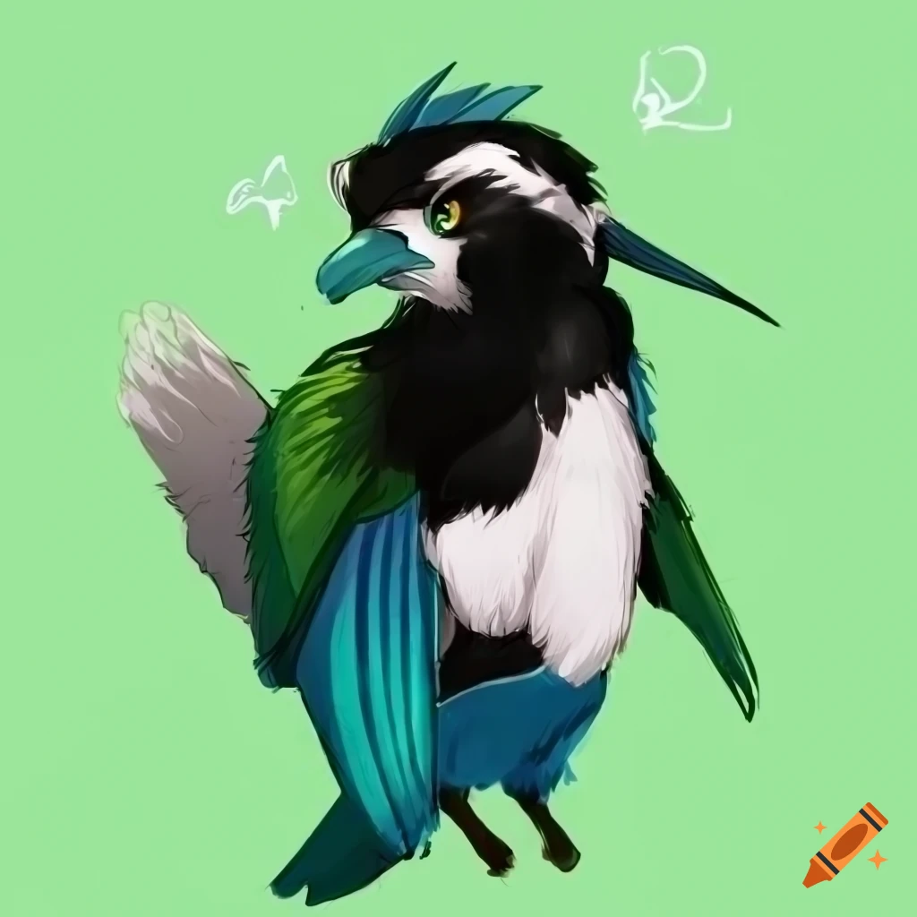 anthro rito resembling a korean magpie and green jay bird