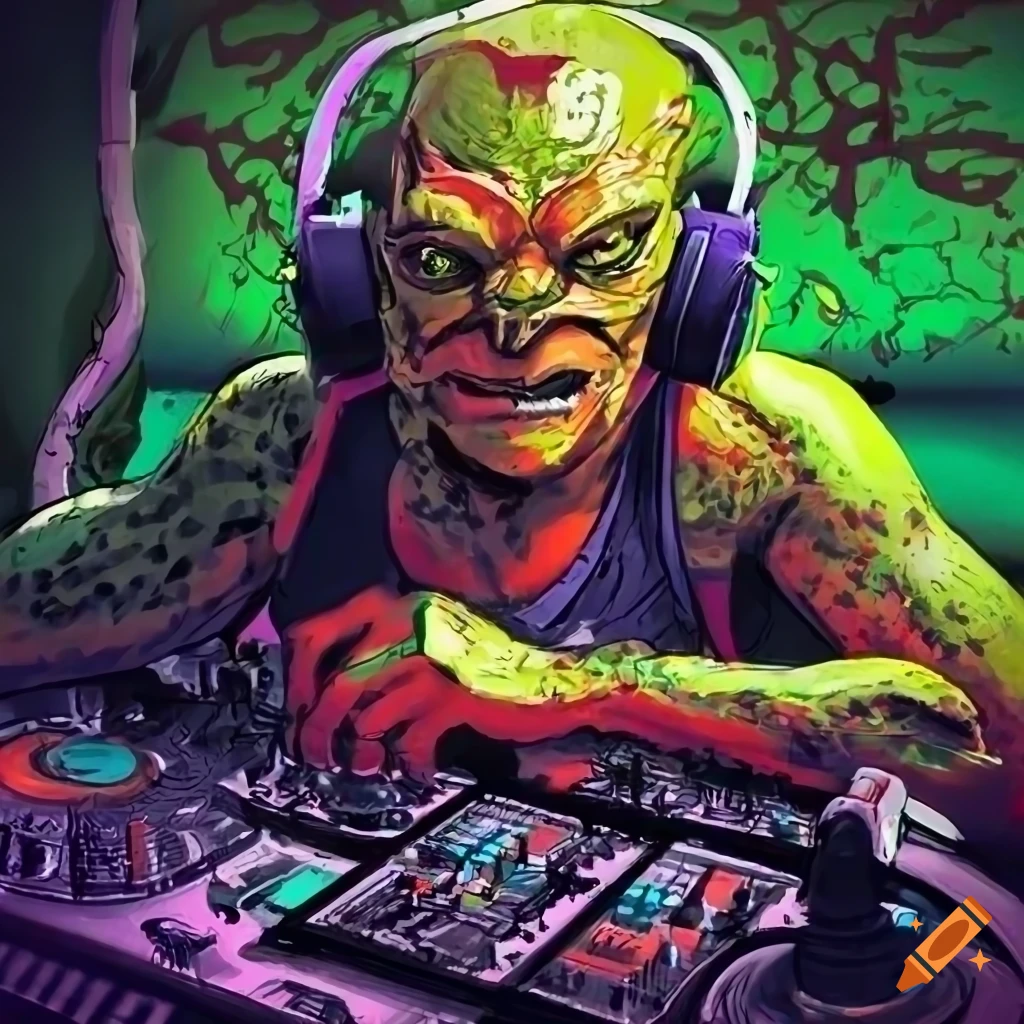 lizard DJ in Simon Bisley art style