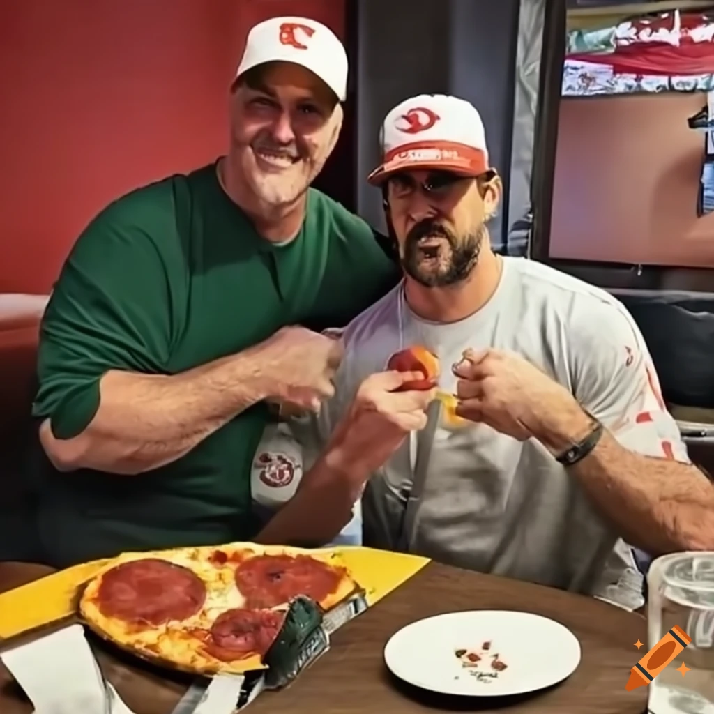 Paul chryst and aaron rodgers eating pizza together on Craiyon