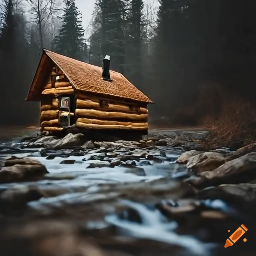 Snowy Log Cabin Near A Mountain Stream On Craiyon