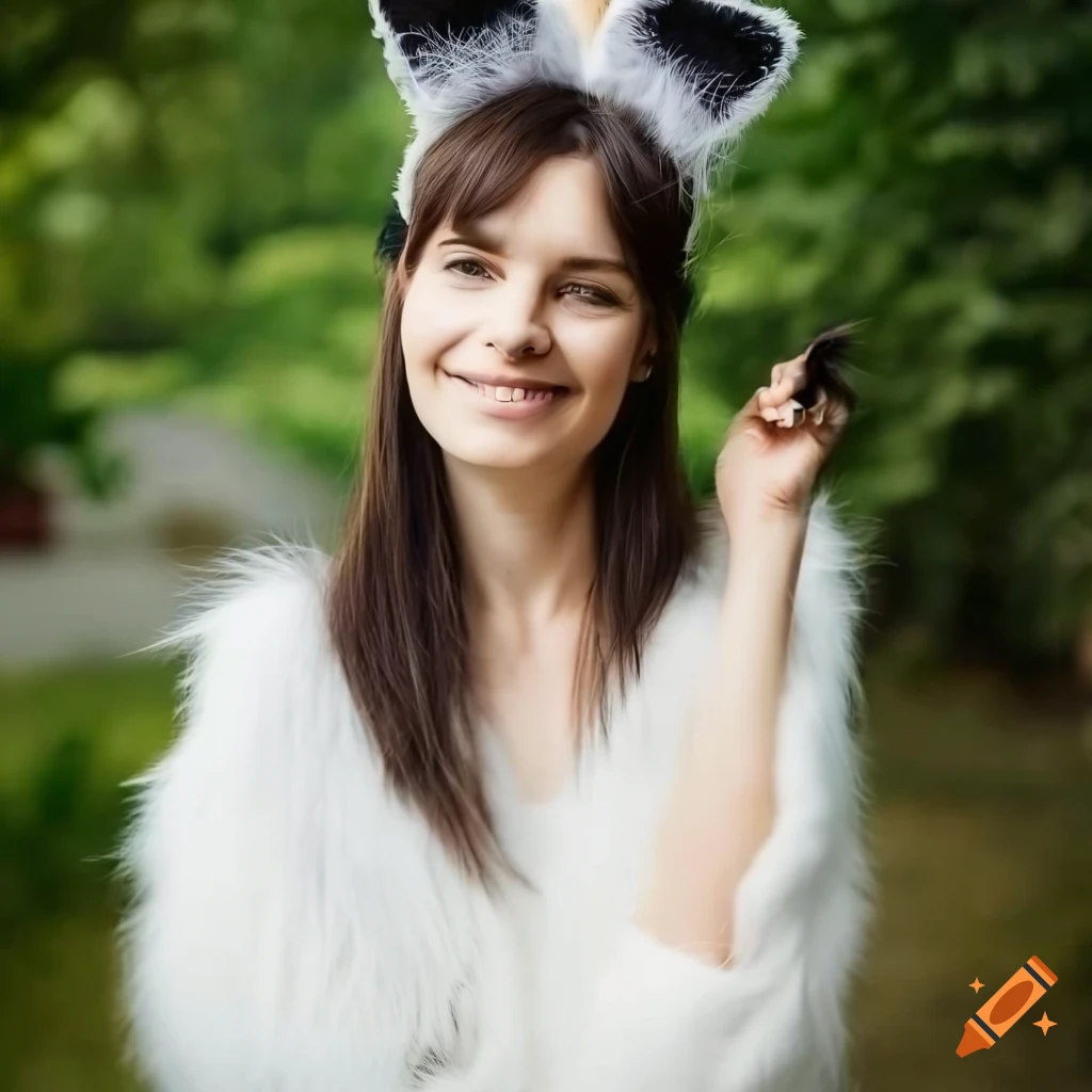 Young woman wearing black cat ears and a white shirt on Craiyon