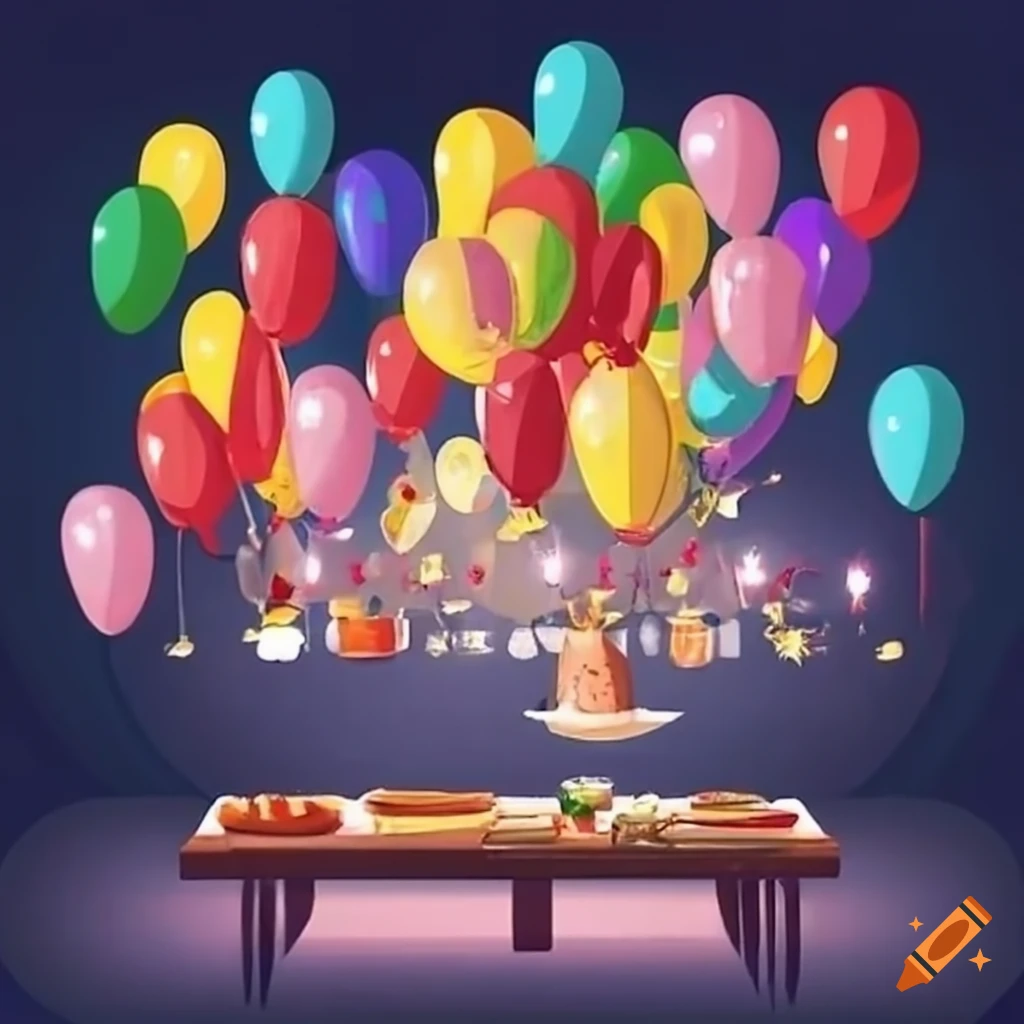 Vibrant party with lights, food, and balloons on Craiyon