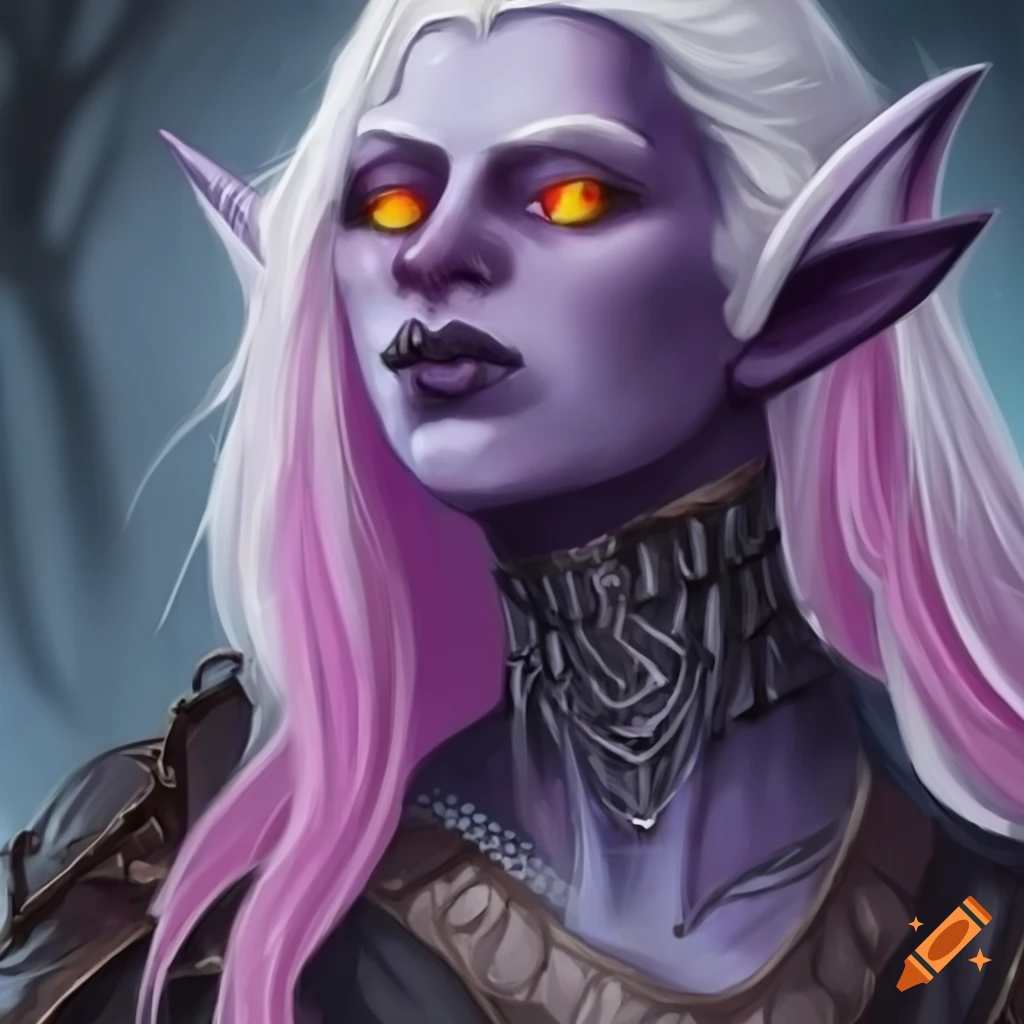 Art of an albino drow elf cleric with yellow eyes and pink hair