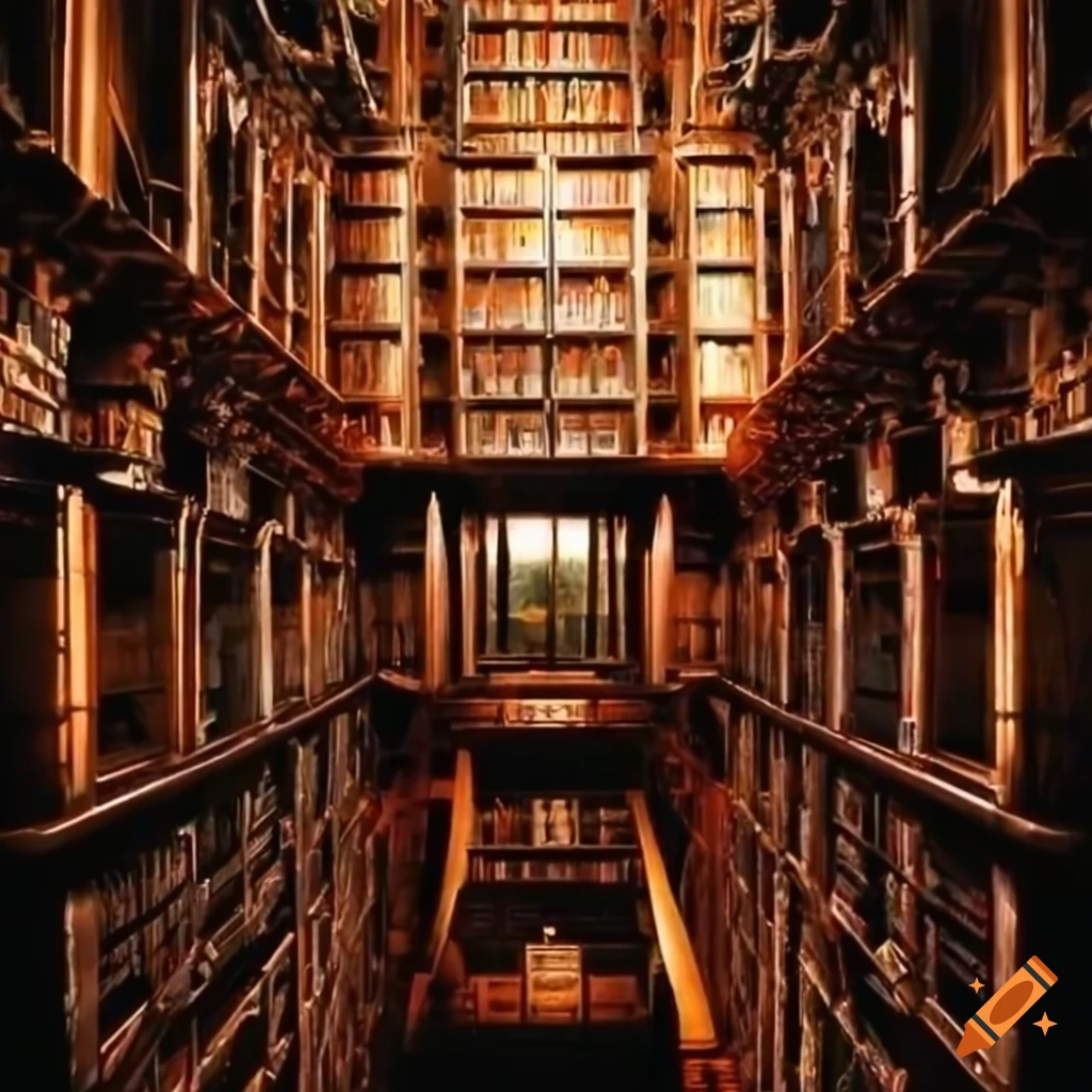Library interior with books and tables on craiyon