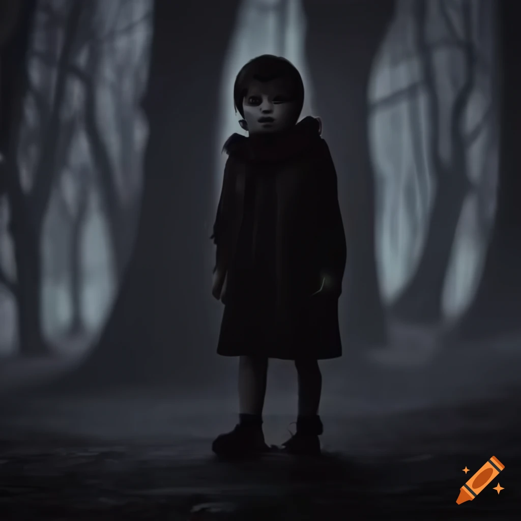 child walking in a spooky forest