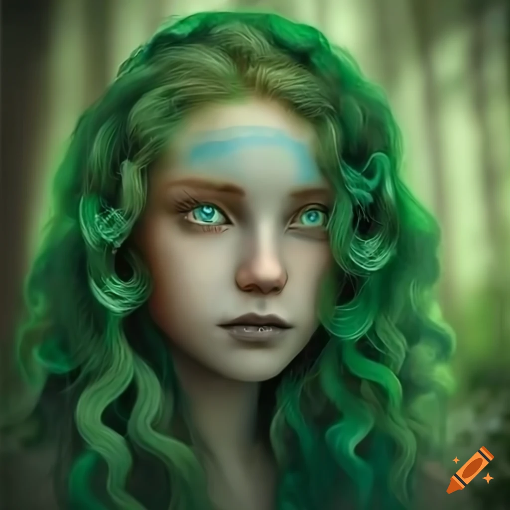 Photo of a young forest spirit woman with green skin and curly hair