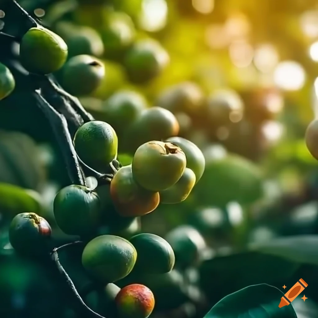 Cinematic lighting on coffee bean trees on Craiyon
