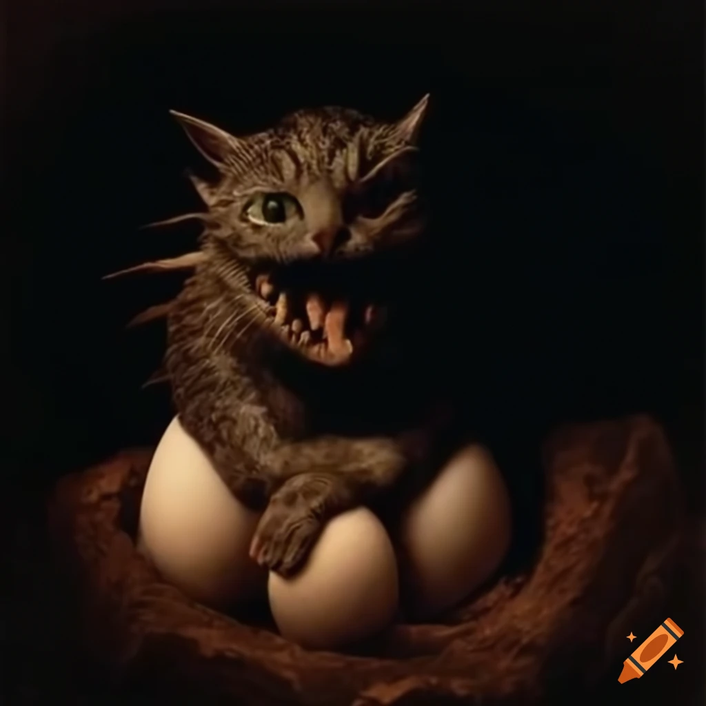 cryptid dragon with a cat face sitting on an egg