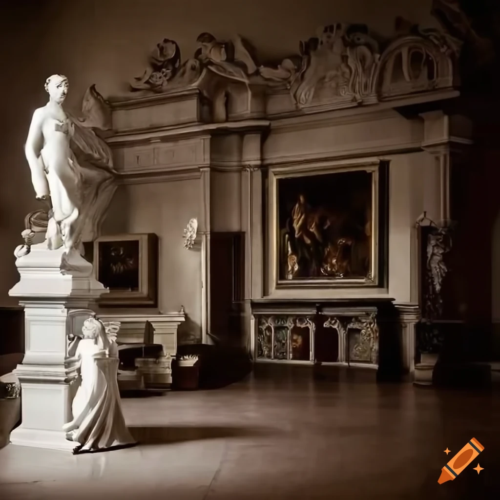 victorian art studio with marble statues