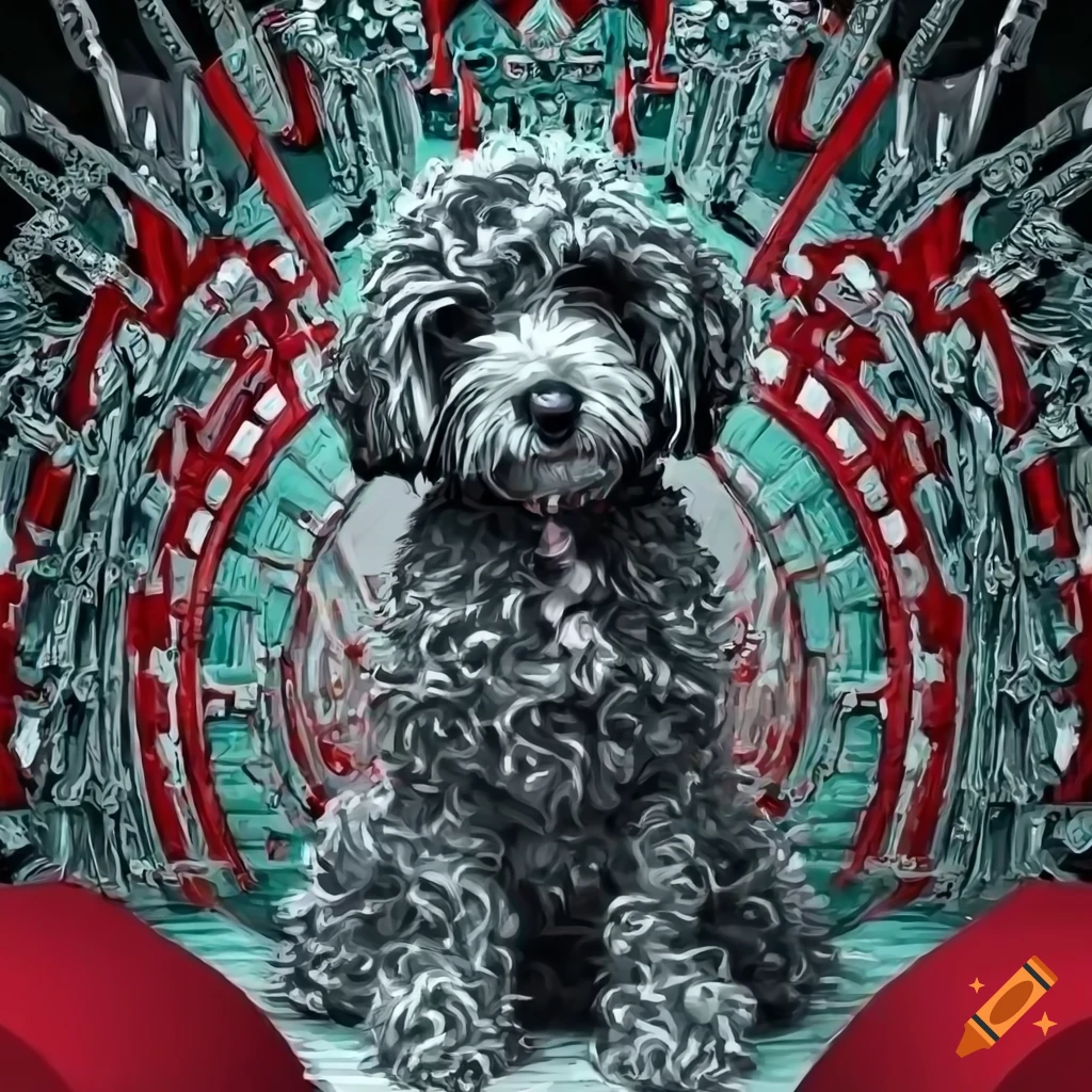 Abstract cockapoo sitting on a red throne on Craiyon