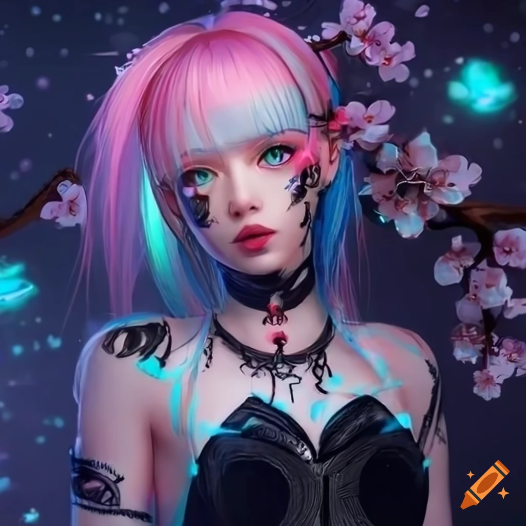 realistic artwork of a cyberpunk girl with colorful hair and tattoos