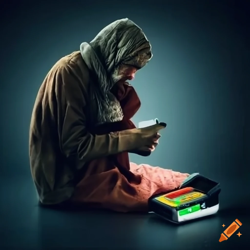 Homeless person using a credit card terminal on Craiyon