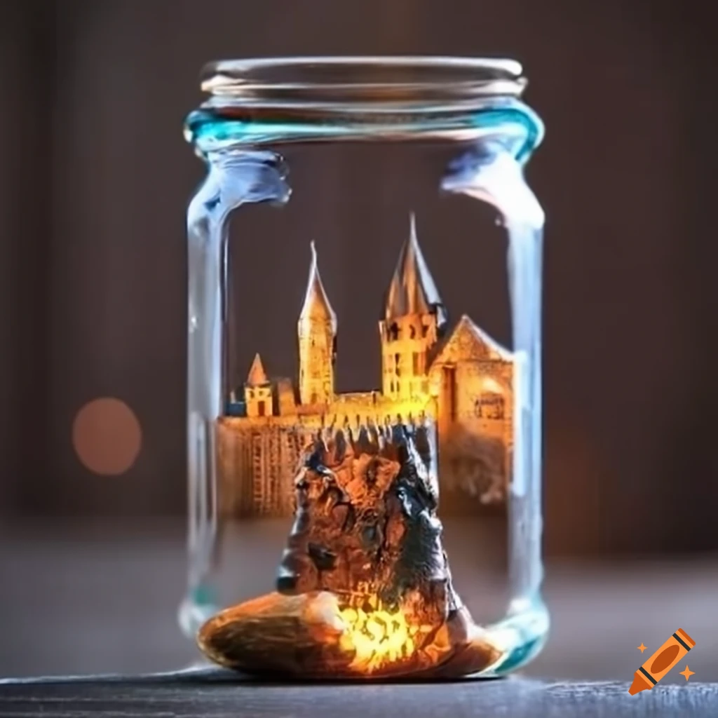 Miniature hogwarts castle in a glass jar on Craiyon