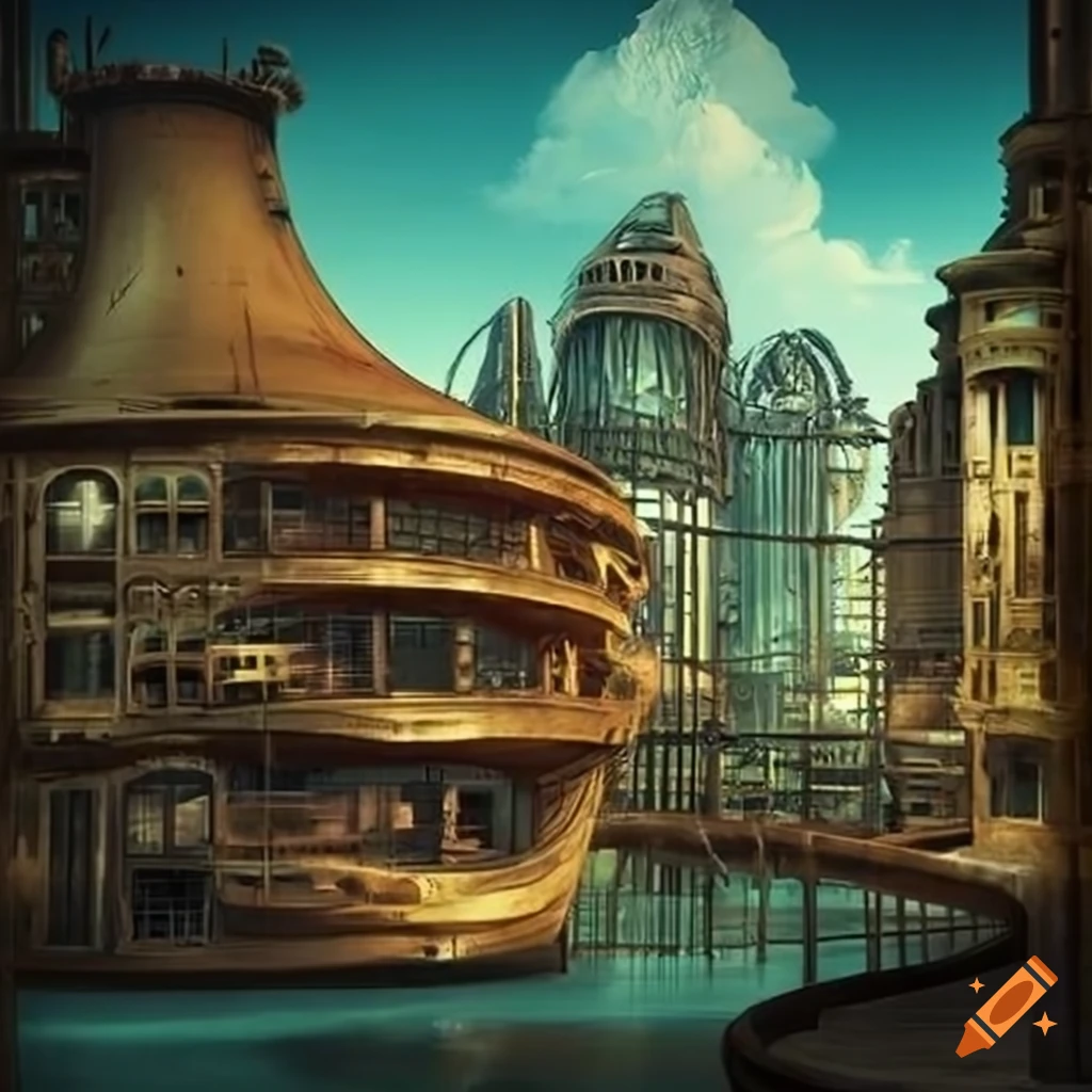 Steampunk tropical city with unique buildings on Craiyon