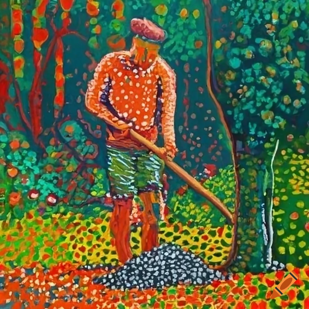 pointillism painting of a man shoveling dirt in a garden