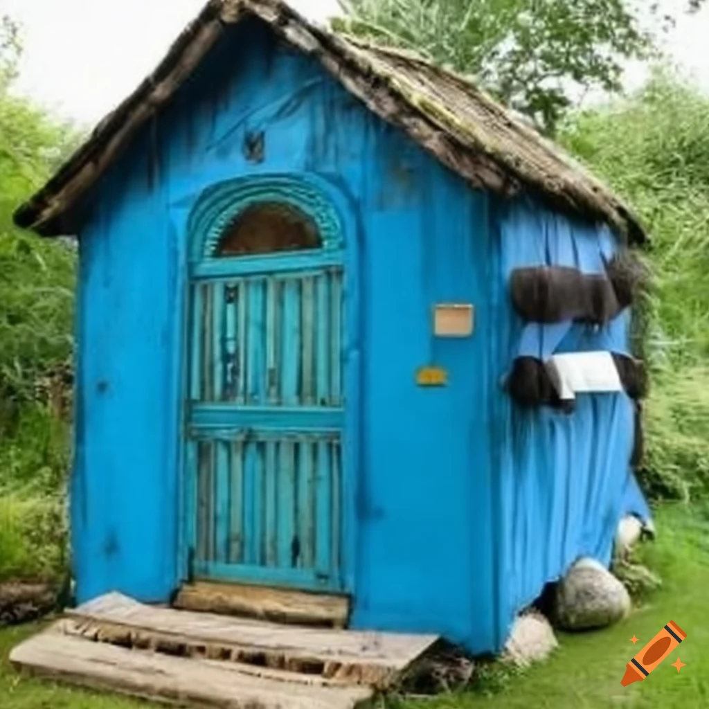 exterior view of a vibrant blue reggae hut