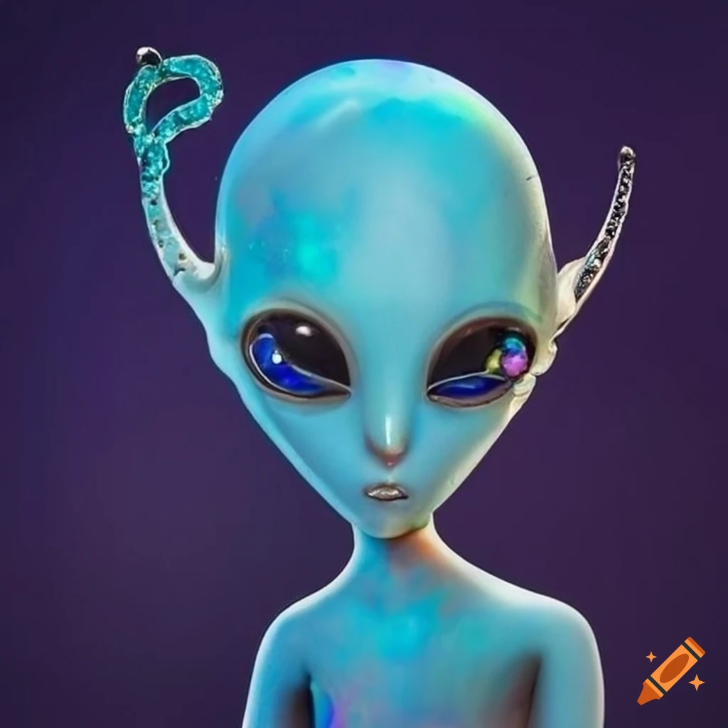 fluffy blue alien with opal jewelry