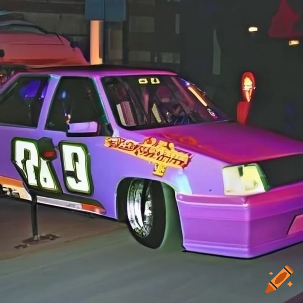 night scene of a unique car collection in a parking lot