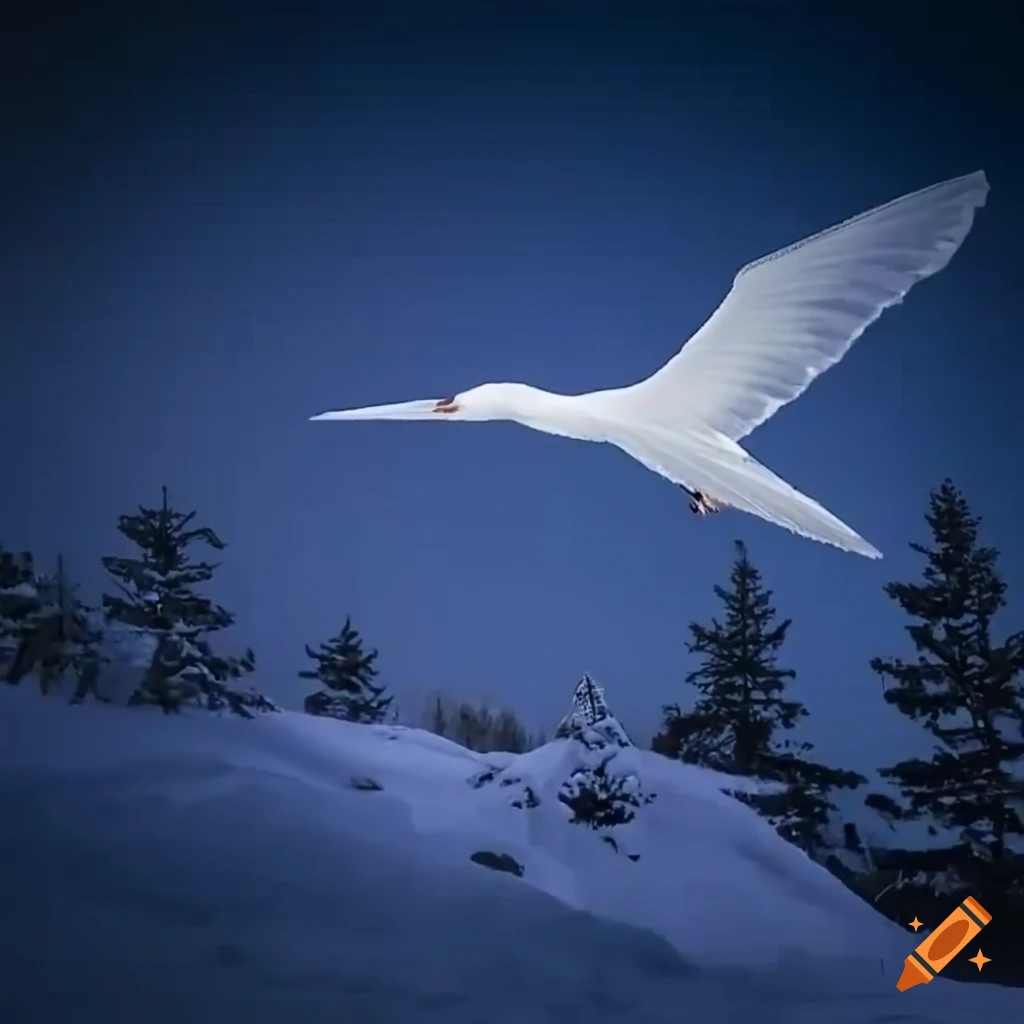 snowy mountain with a mysterious bird-like creature