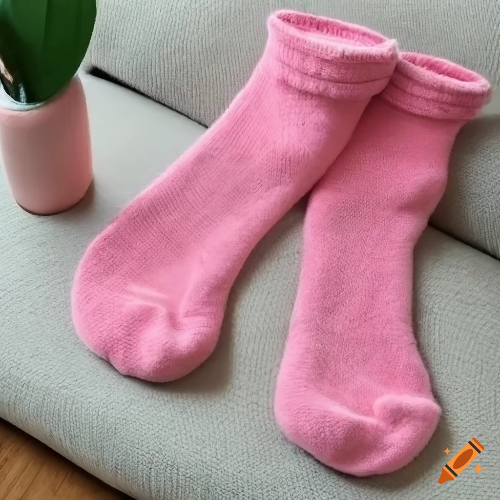 Light pink wool socks on a couch on Craiyon