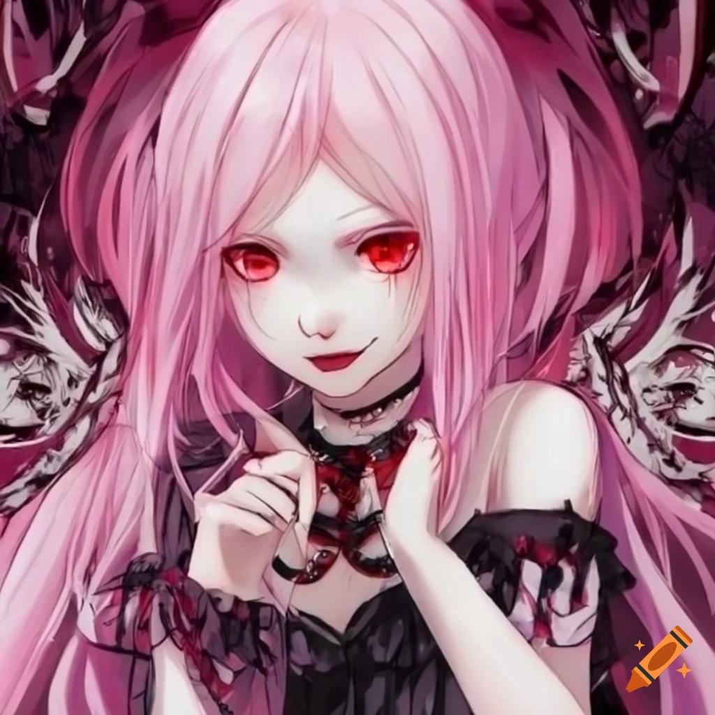 Anime girl with pink hair and red eyes on Craiyon